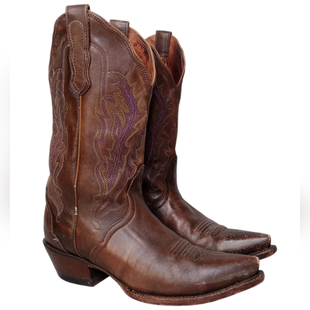Nocona Women's Brown Leather Cowboy Rodeo Western Heeled Boots Size 7.5B